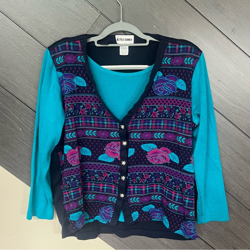 Alfred Dunner M Teal and Purple Knit Cardigan‎ w/ Attached Under Shirt VTG